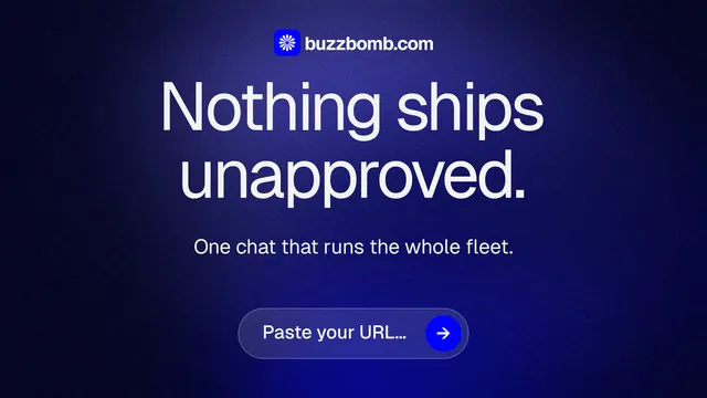 Landscape graphic for BuzzBomb: "Nothing ships unapproved." Agentic glass style, centred layout, dark palette in black, blue.