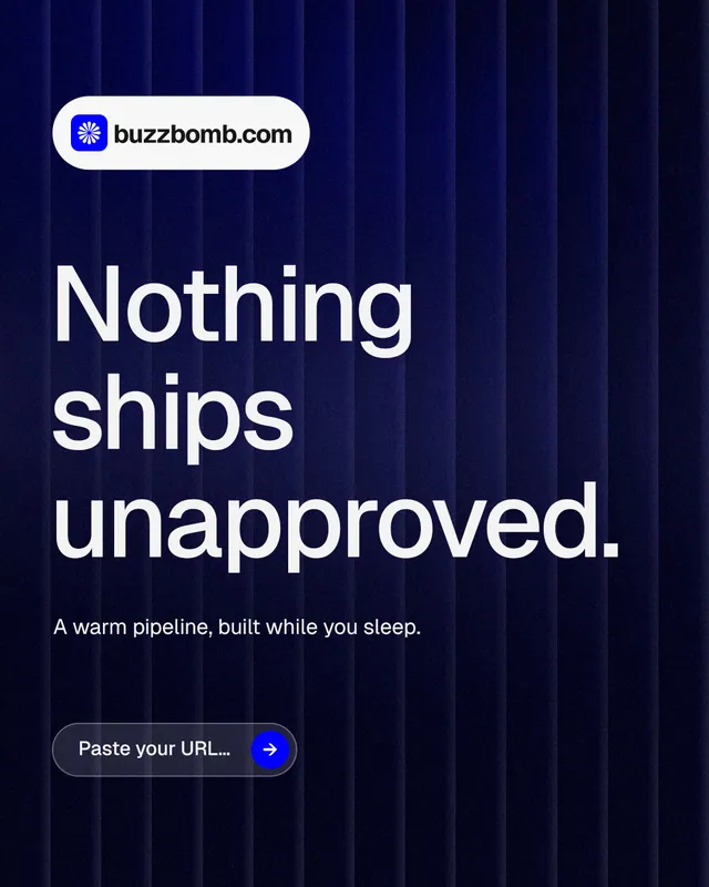 Instagram portrait post for BuzzBomb: "Nothing ships unapproved." Agentic glass style, announce layout, dark palette in black, blue, grey.