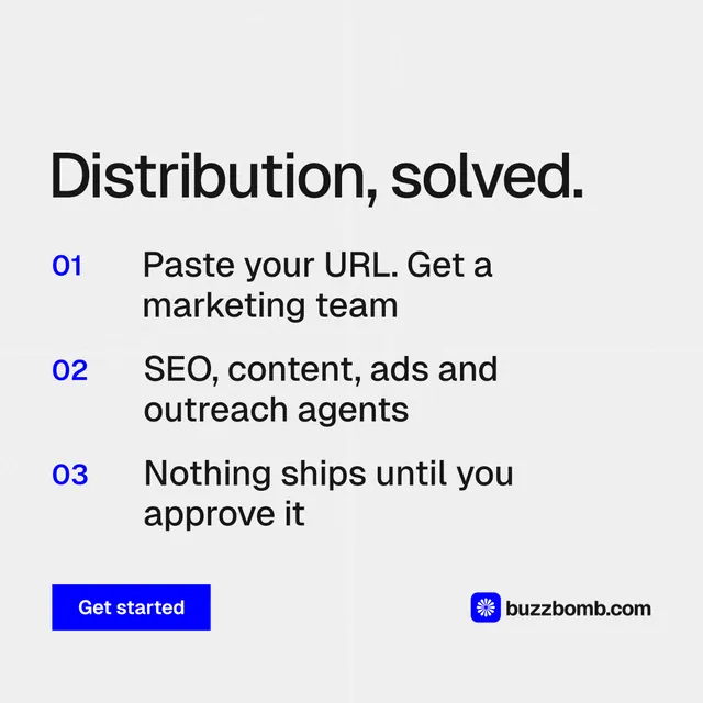 Instagram post for BuzzBomb: "Distribution, solved." Swiss style, numbered layout, light palette in white, grey.