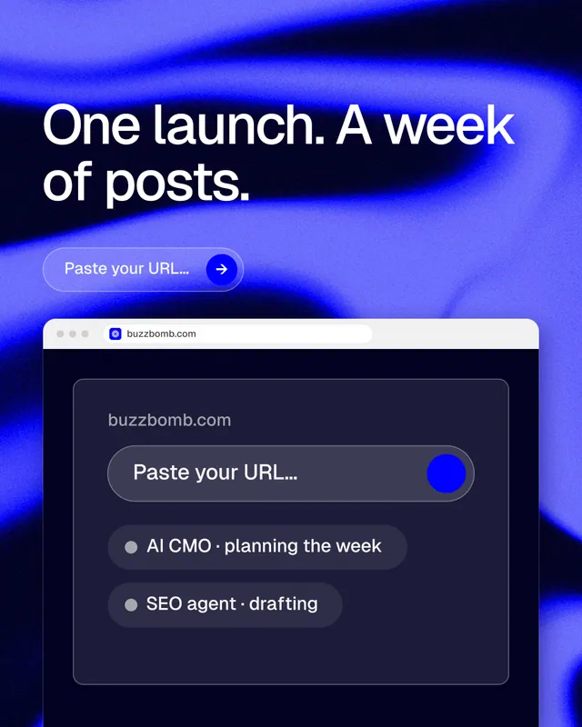 Instagram portrait post for BuzzBomb: "One launch. A week of posts." Agentic glass style, browser layout, dark palette in blue, black.