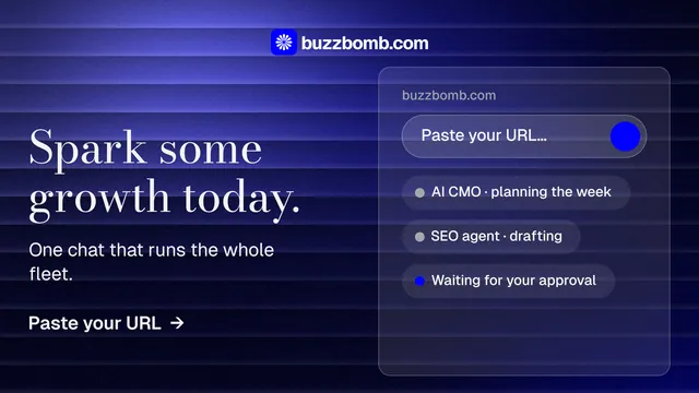 Landscape graphic for BuzzBomb: "Spark some growth today." Minimal luxury style, bottom layout, dark palette in black, blue.