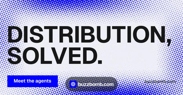 Social ad for BuzzBomb: "Distribution, solved." Split block style, poster layout, light palette in blue, white.
