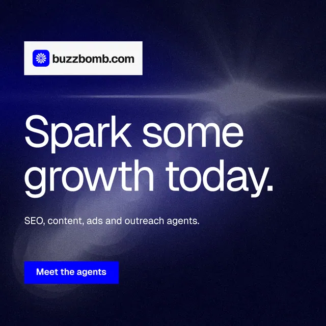 Instagram post for BuzzBomb: "Spark some growth today." Swiss style, announce layout, dark palette in black, blue, grey.