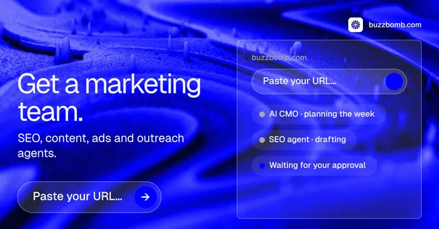 Social ad for BuzzBomb: "Get a marketing team." Agentic glass style, bottom layout, dark palette in blue.