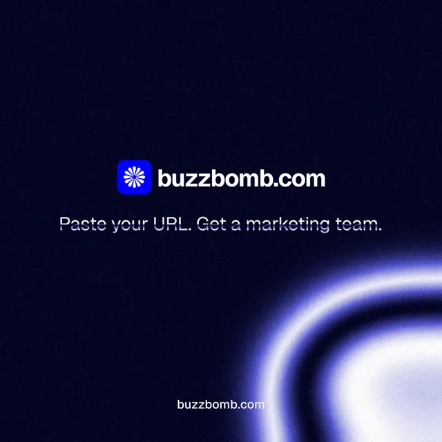 Instagram post for BuzzBomb: "Distribution, solved." Agentic glass style, end card layout, dark palette in black, blue.