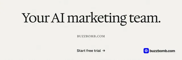 X header for BuzzBomb: "Your AI marketing team." Swiss style, smallcaps layout, light palette in white, grey.