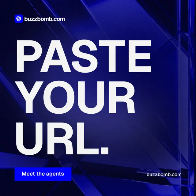 Instagram post for BuzzBomb: "Paste your URL." Swiss style, poster layout, dark palette in blue, black, white.