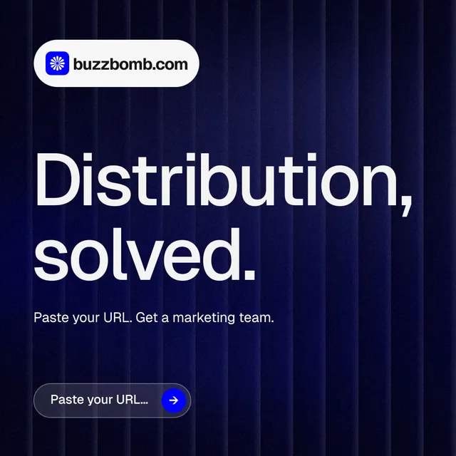Instagram post for BuzzBomb: "Distribution, solved." Agentic glass style, announce layout, dark palette in black, blue, grey.