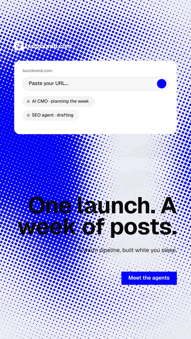 Instagram story for BuzzBomb: "One launch. A week of posts." Swiss style, right layout, light palette in blue, white.