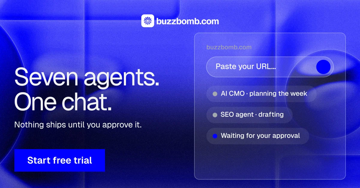 Social ad for BuzzBomb: "Seven agents. One chat." Swiss style, bottom layout, dark palette in blue.
