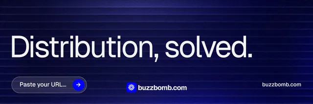 X header for BuzzBomb: "Distribution, solved." Agentic glass style, poster layout, dark palette in black, blue, grey.