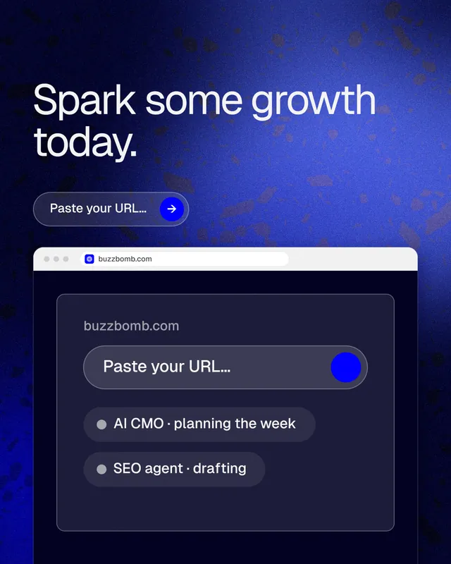 Instagram portrait post for BuzzBomb: "Spark some growth today." Agentic glass style, browser layout, dark palette in blue, black.