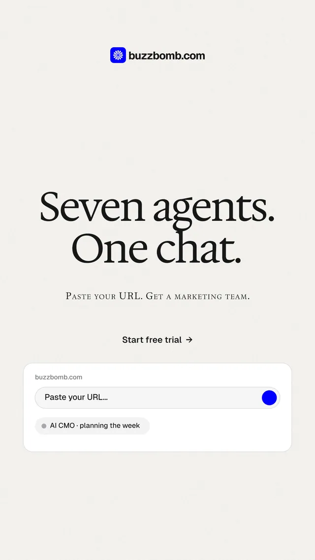 Instagram story for BuzzBomb: "Seven agents. One chat." Swiss style, smallcaps layout, light palette in white.