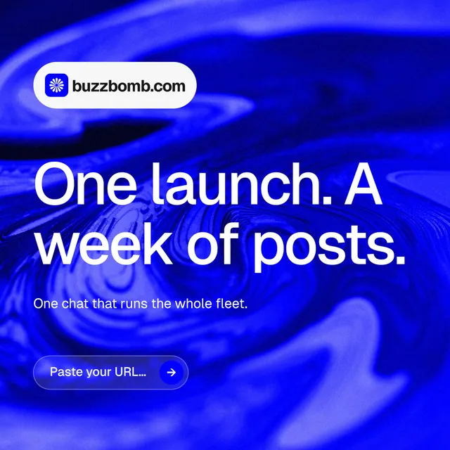Instagram post for BuzzBomb: "One launch. A week of posts." Agentic glass style, announce layout, dark palette in blue.