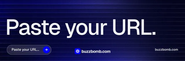 X header for BuzzBomb: "Paste your URL." Agentic glass style, poster layout, dark palette in black, blue, grey.