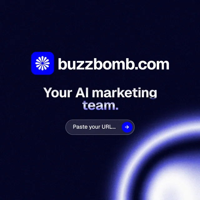 Instagram post for BuzzBomb: "Your AI marketing team." Agentic glass style, logo hero layout, dark palette in black, blue.