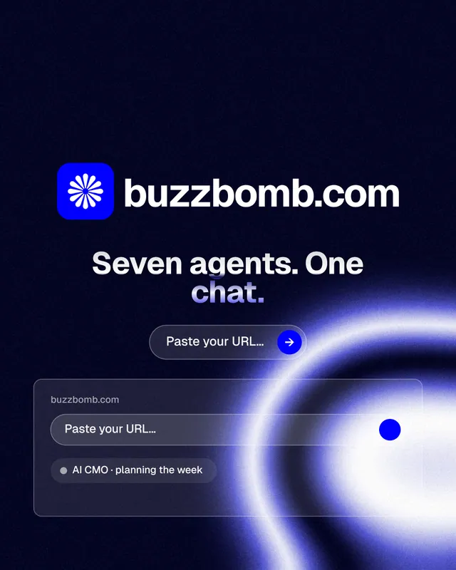 Instagram portrait post for BuzzBomb: "Seven agents. One chat." Agentic glass style, logo hero layout, dark palette in black, blue.