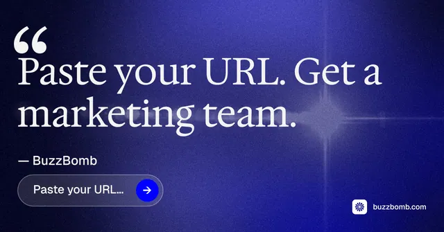 Social ad for BuzzBomb: "Paste your URL." Agentic glass style, quote layout, dark palette in blue, grey.