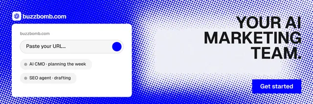 X header for BuzzBomb: "Your AI marketing team." Split block style, right layout, light palette in blue, white.