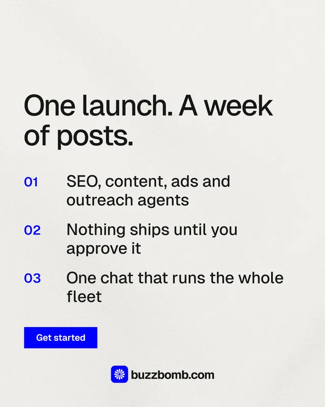 Instagram portrait post for BuzzBomb: "One launch. A week of posts." Swiss style, numbered layout, light palette in white, grey.