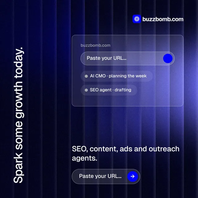 Instagram post for BuzzBomb: "Spark some growth today." Agentic glass style, vertical layout, dark palette in blue, black.