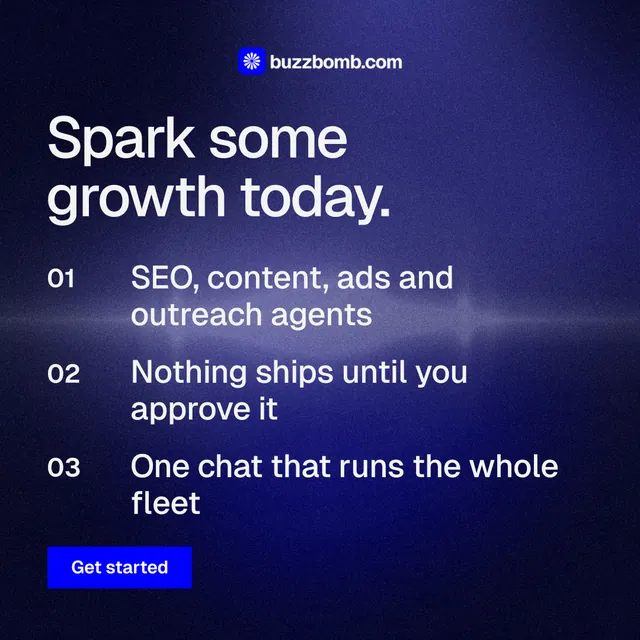 Instagram post for BuzzBomb: "Spark some growth today." Swiss style, numbered layout, dark palette in black, blue.