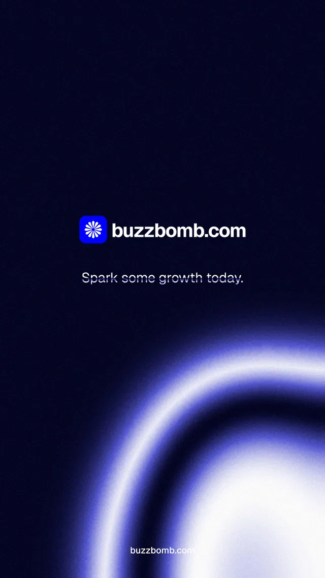 Instagram story for BuzzBomb: "Spark some growth today." Agentic glass style, end card layout, dark palette in black, blue.