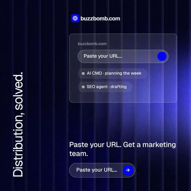 Instagram post for BuzzBomb: "Distribution, solved." Agentic glass style, vertical layout, dark palette in blue, black.