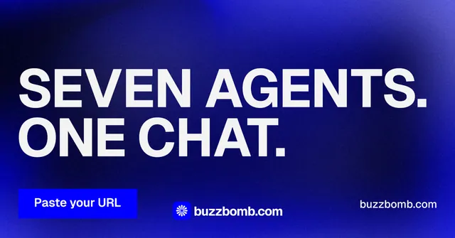 Social ad for BuzzBomb: "Seven agents. One chat." Swiss style, poster layout, dark palette in blue.