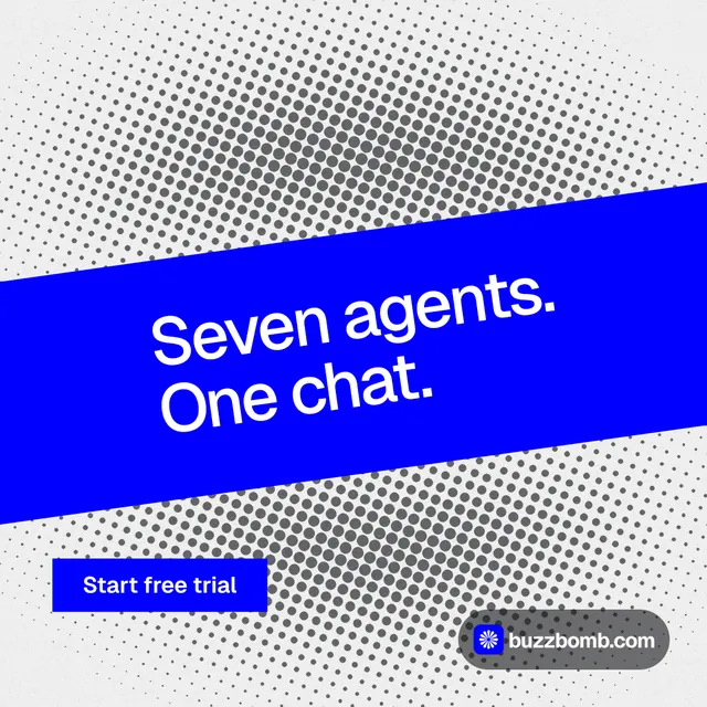 Instagram post for BuzzBomb: "Seven agents. One chat." Swiss style, diagonal layout, light palette in white, blue, grey.