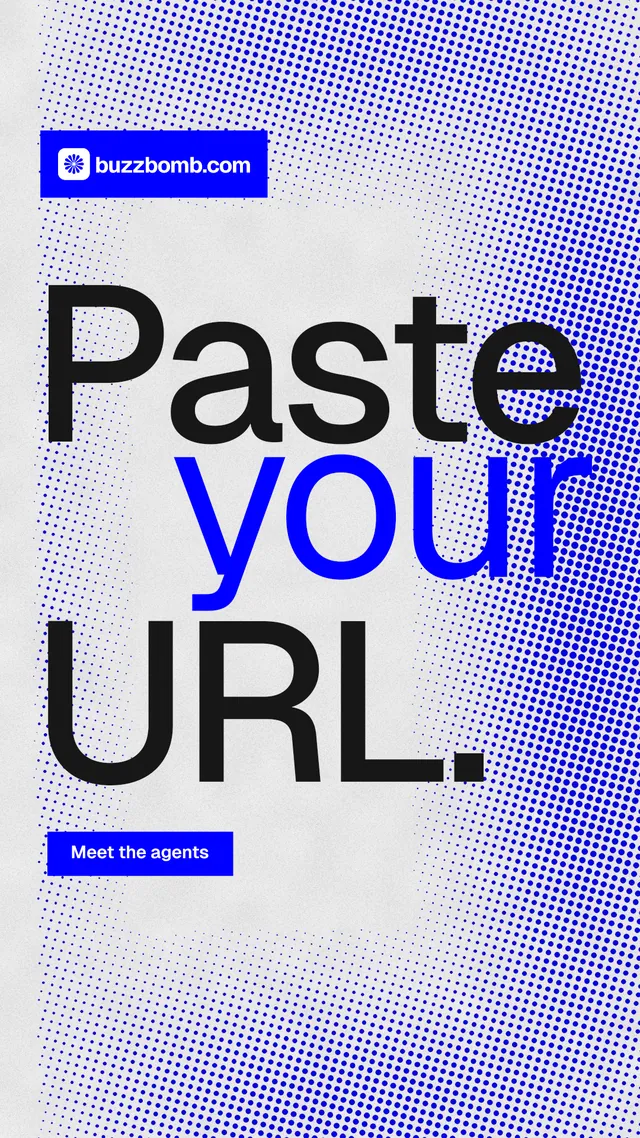 Instagram story for BuzzBomb: "Paste your URL." Swiss style, stacked layout, light palette in blue, white.