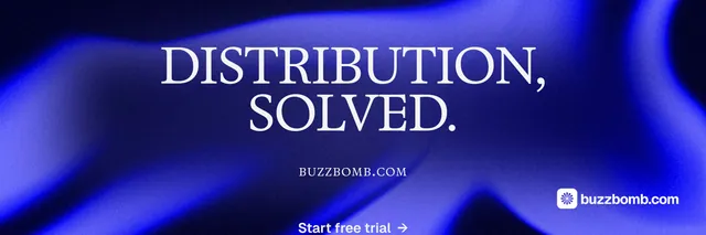 X header for BuzzBomb: "Distribution, solved." Agentic glass style, smallcaps layout, dark palette in blue.