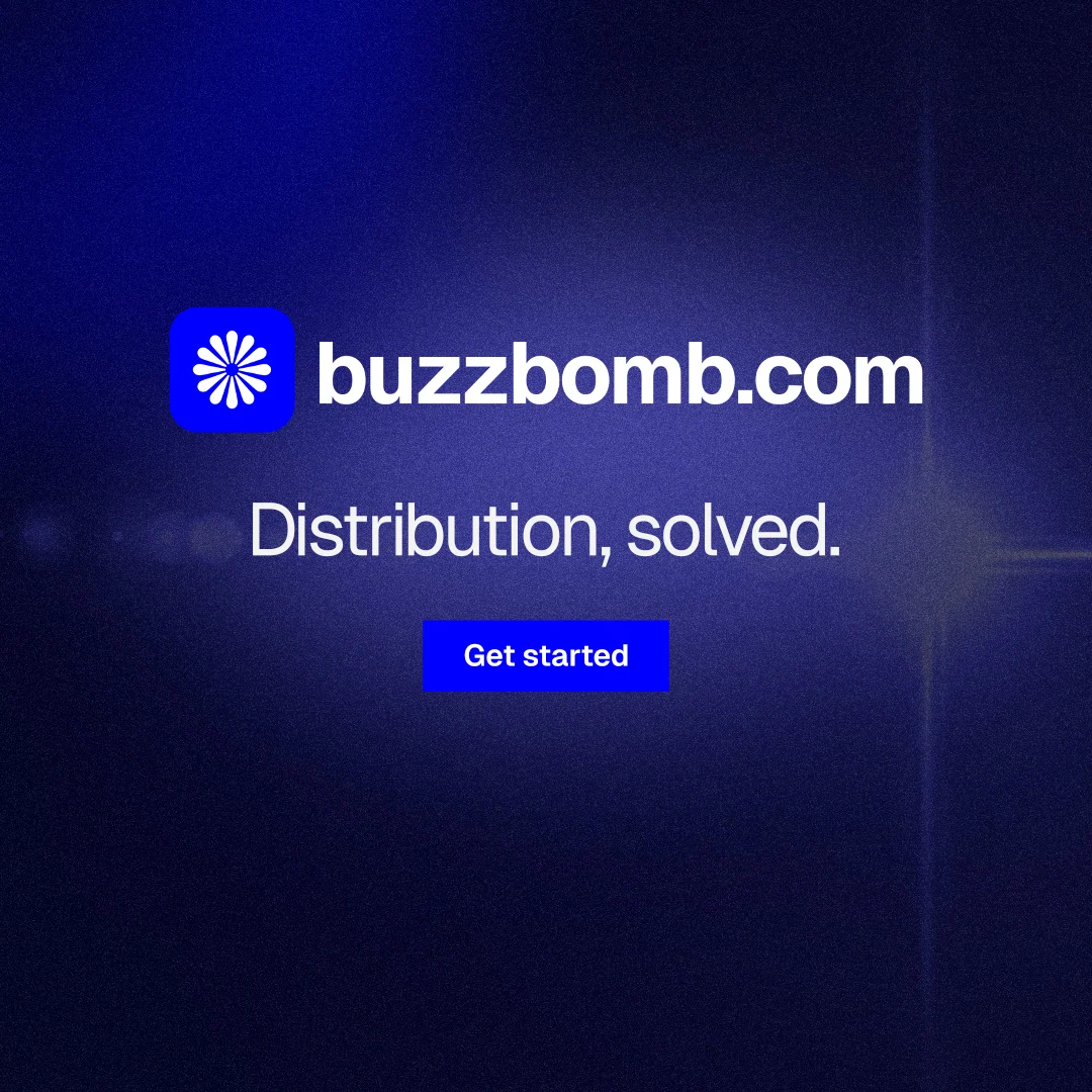 Instagram post for BuzzBomb: "Distribution, solved." Swiss style, logo hero layout, dark palette in black, blue.