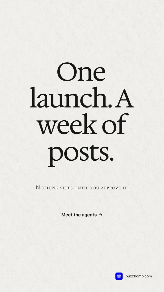 Instagram story for BuzzBomb: "One launch. A week of posts." Swiss style, smallcaps layout, light palette in white.