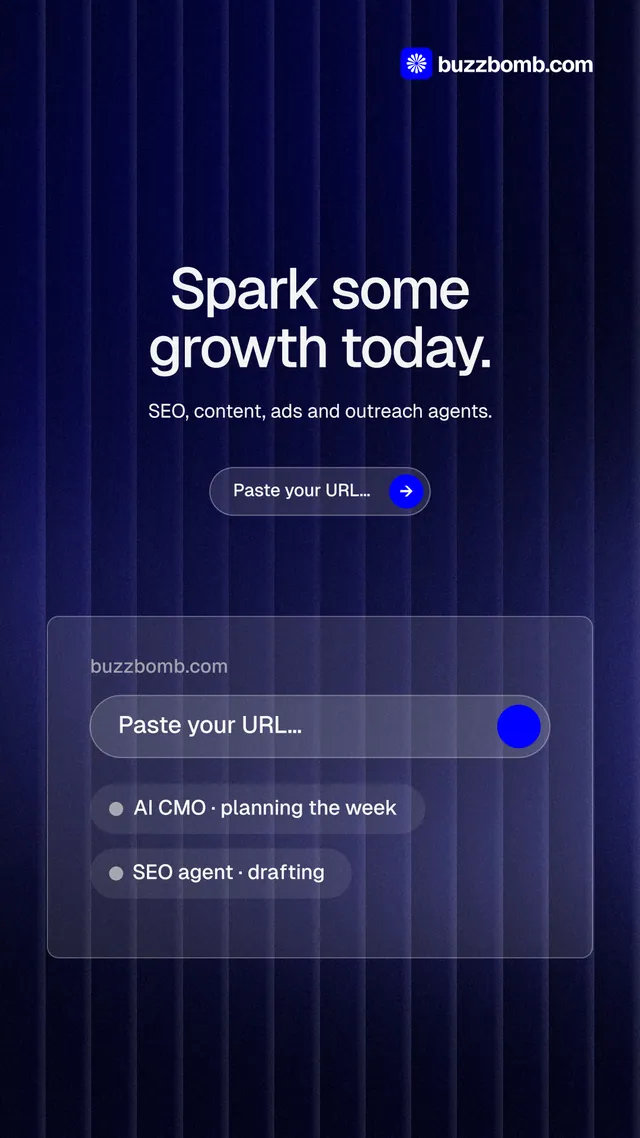 Instagram story for BuzzBomb: "Spark some growth today." Agentic glass style, centred layout, dark palette in blue, black, grey.