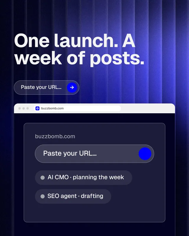Instagram portrait post for BuzzBomb: "One launch. A week of posts." Agentic glass style, browser layout, dark palette in blue, black.