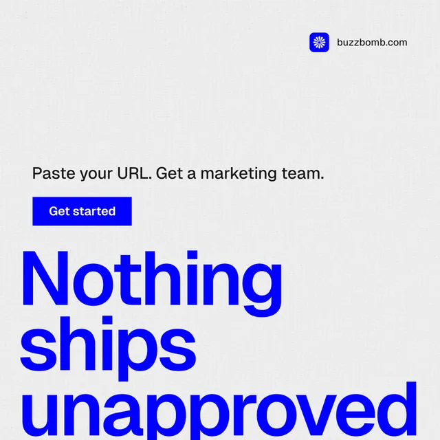 Instagram post for BuzzBomb: "Spark some growth today." Swiss style, oversized layout, light palette in white, blue.