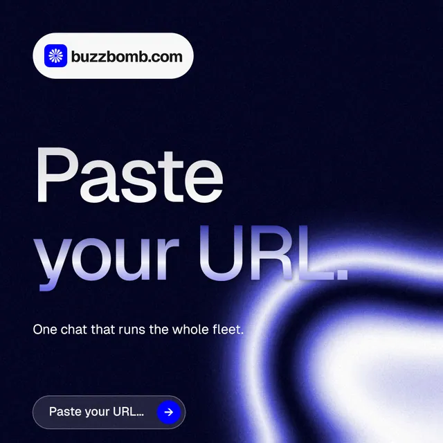 Instagram post for BuzzBomb: "Paste your URL." Agentic glass style, announce layout, dark palette in black, blue.