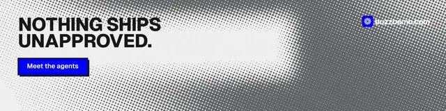 LinkedIn banner for BuzzBomb: "Nothing ships unapproved." Brutalist style, skeleton layout, light palette in grey, white.