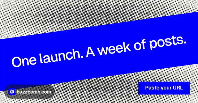 Social ad for BuzzBomb: "One launch. A week of posts." Swiss style, diagonal layout, dark palette in blue, grey.