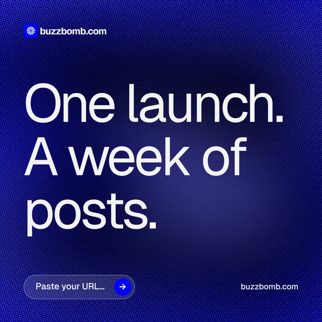 Instagram post for BuzzBomb: "One launch. A week of posts." Agentic glass style, poster layout, dark palette in blue, grey.