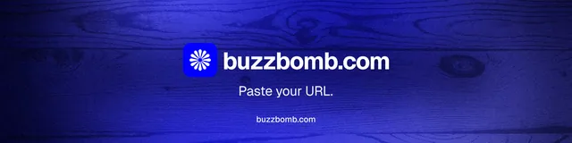 LinkedIn banner for BuzzBomb: "Paste your URL." Swiss style, end card layout, dark palette in blue.