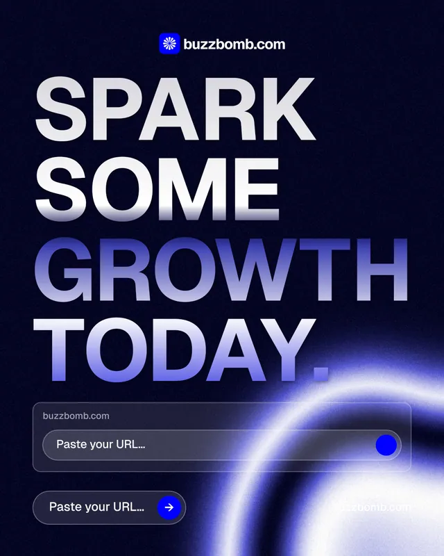 Instagram portrait post for BuzzBomb: "Spark some growth today." Agentic glass style, poster layout, dark palette in black, blue.