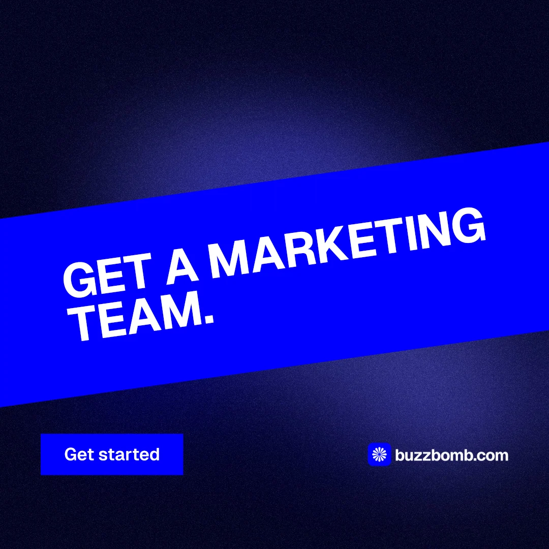 Instagram post for BuzzBomb: "Get a marketing team." Swiss style, diagonal layout, dark palette in black, blue.