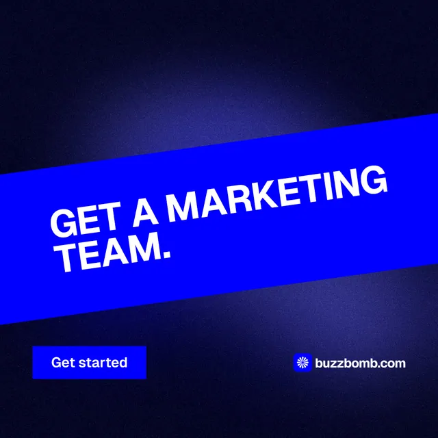 Instagram post for BuzzBomb: "Get a marketing team." Swiss style, diagonal layout, dark palette in black, blue.