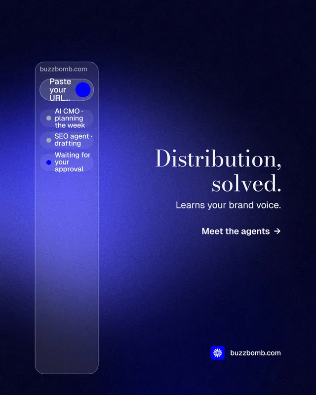 Instagram portrait post for BuzzBomb: "Distribution, solved." Minimal luxury style, right layout, dark palette in black, blue.