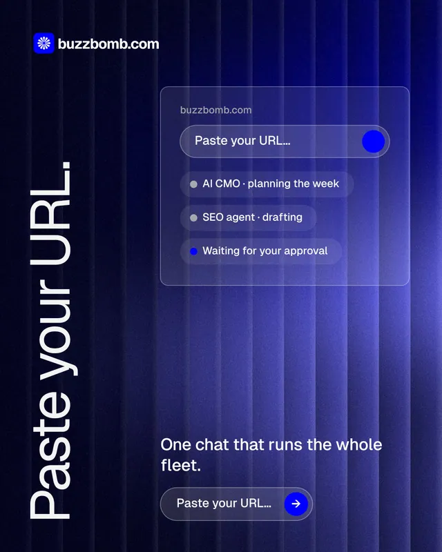 Instagram portrait post for BuzzBomb: "Paste your URL." Agentic glass style, vertical layout, dark palette in black, blue.