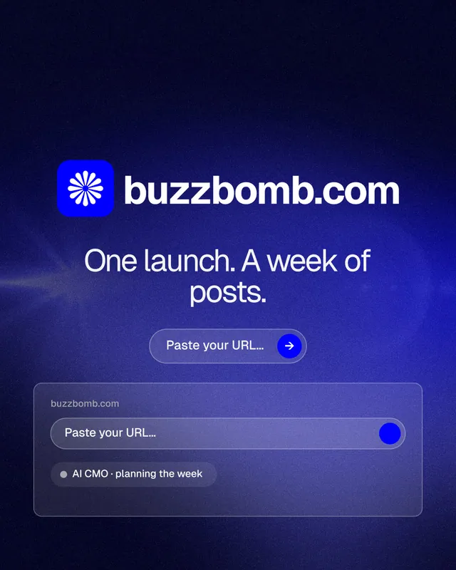 Instagram portrait post for BuzzBomb: "One launch. A week of posts." Agentic glass style, logo hero layout, dark palette in black, blue.