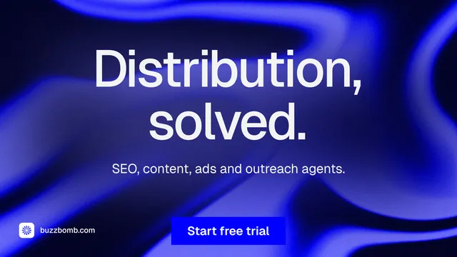 Landscape graphic for BuzzBomb: "Distribution, solved." Swiss style, centred layout, dark palette in blue.