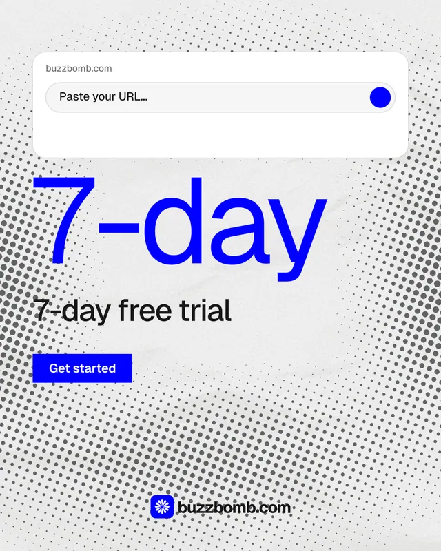 Instagram portrait post for BuzzBomb: "One launch. A week of posts." Swiss style, stat layout, light palette in white, blue.